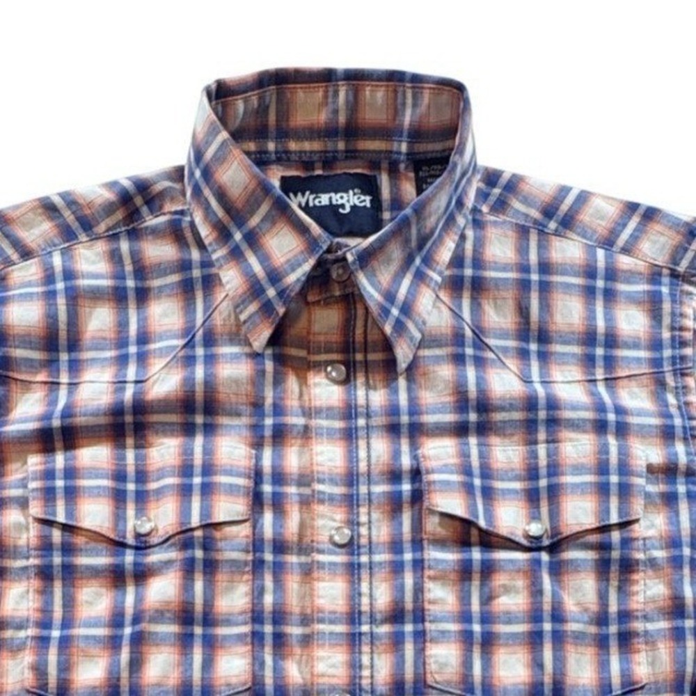 Wrangler Western Snap Shirt Mens XL Blue Orange Plaid Long Sleeve Stretch Cowboy
